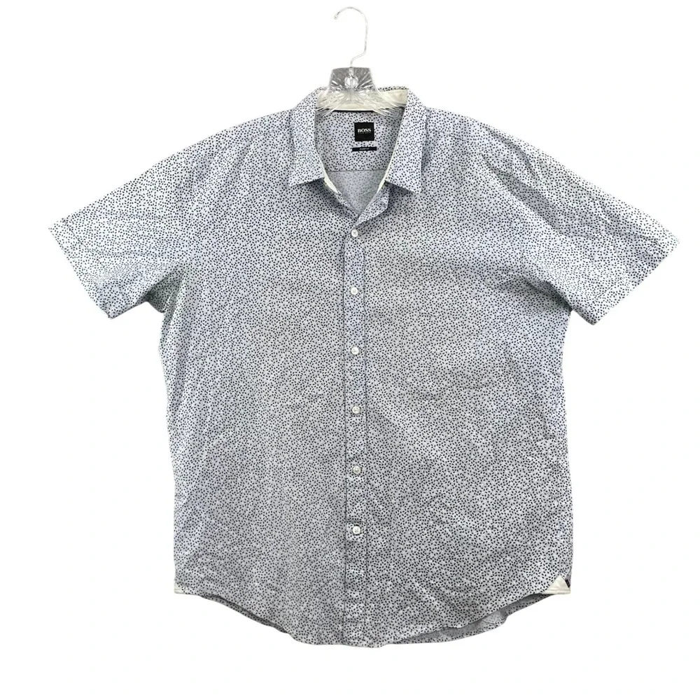 BOSS Hugo Boss Button Up Mens XXL Blue Excellent‎ Sharp Fit Micro Print Shirt